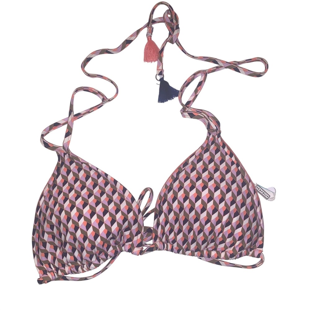 NWT Seafolly Remix Slide Tri Bikini Top Indigo Geo Geometric Tassel USA Size 10